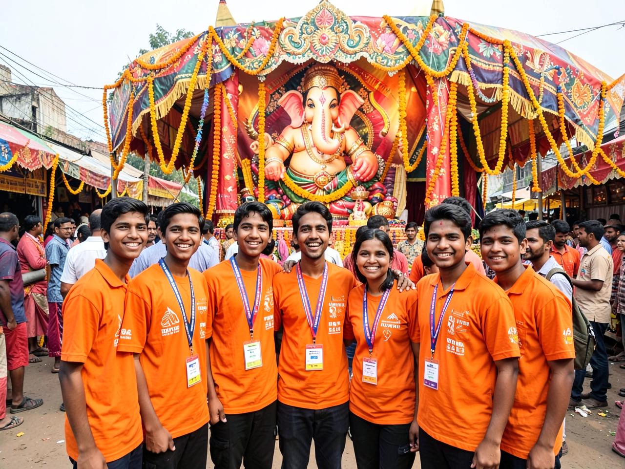 Student volunteers in orange t-shirts at a Ganesh festival pandal